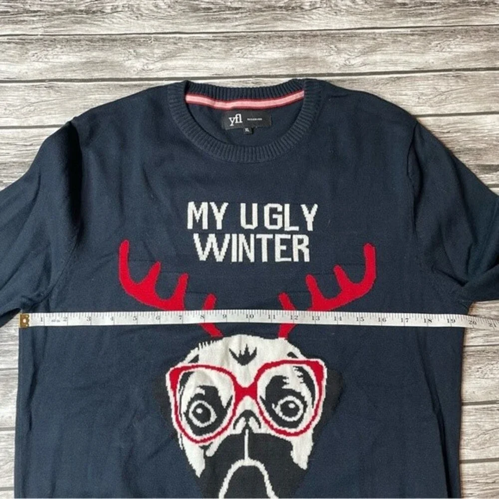 Men's Ugly Christmas Sweater Pug Antlers XL Navy Funny Holiday Pullover